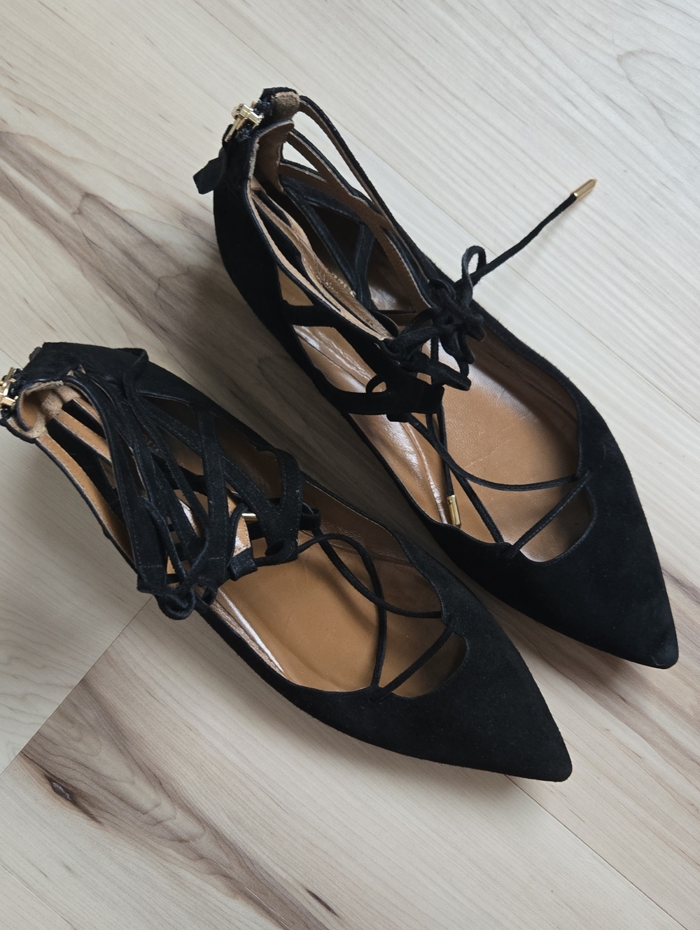 Aquazzura Firenze Suede Belgravia Pointed Toe Flats, Black, Size 40 (US 9)